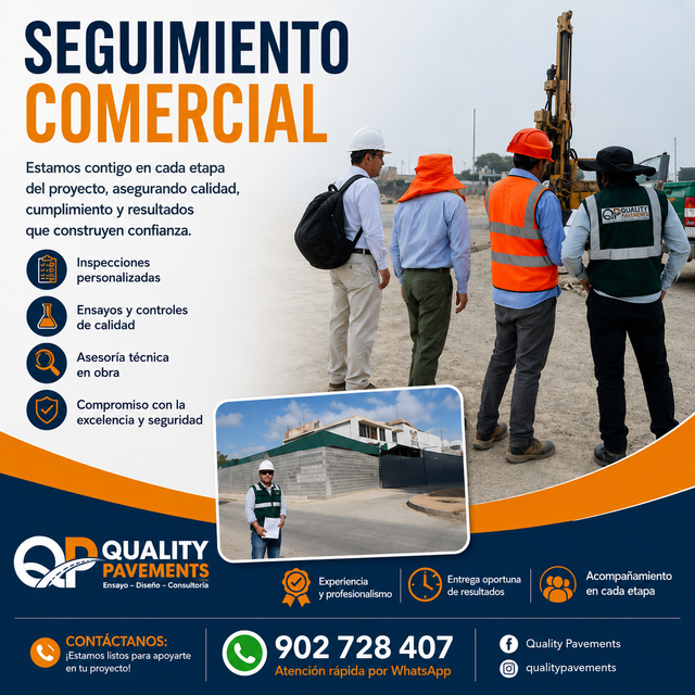 Seguimiento comercial: dos trabajadores con chalecos naranjas revisan una obra junto a un vehículo blanco.