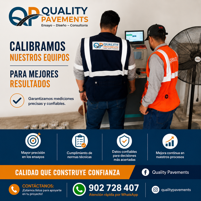 Folleto promocional de Quality Pavements que muestra a dos trabajadores, baldosas y información de contacto.