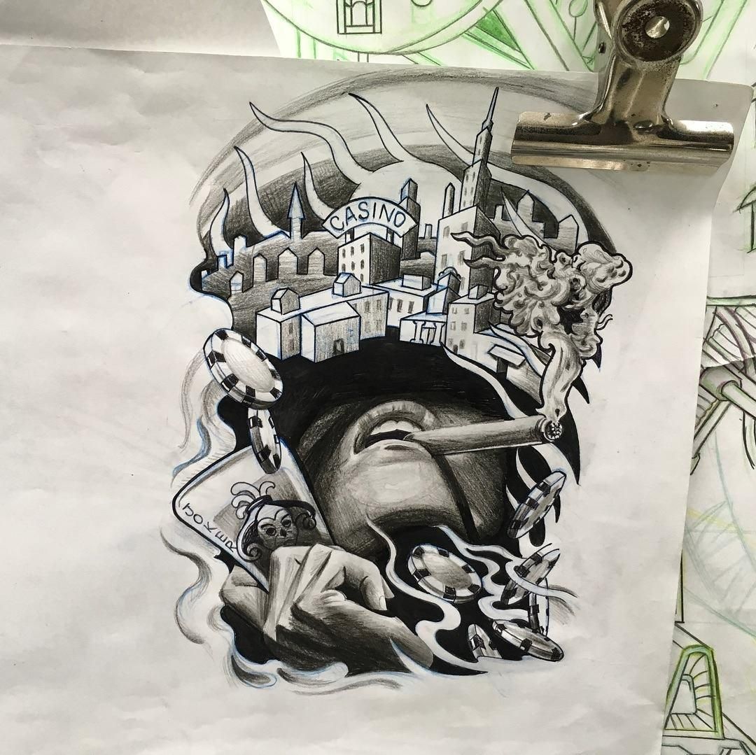 A Black and White Drawing of a Woman With a City in the Background — La Bomba Loca Tattoo in Cairns City, QLD