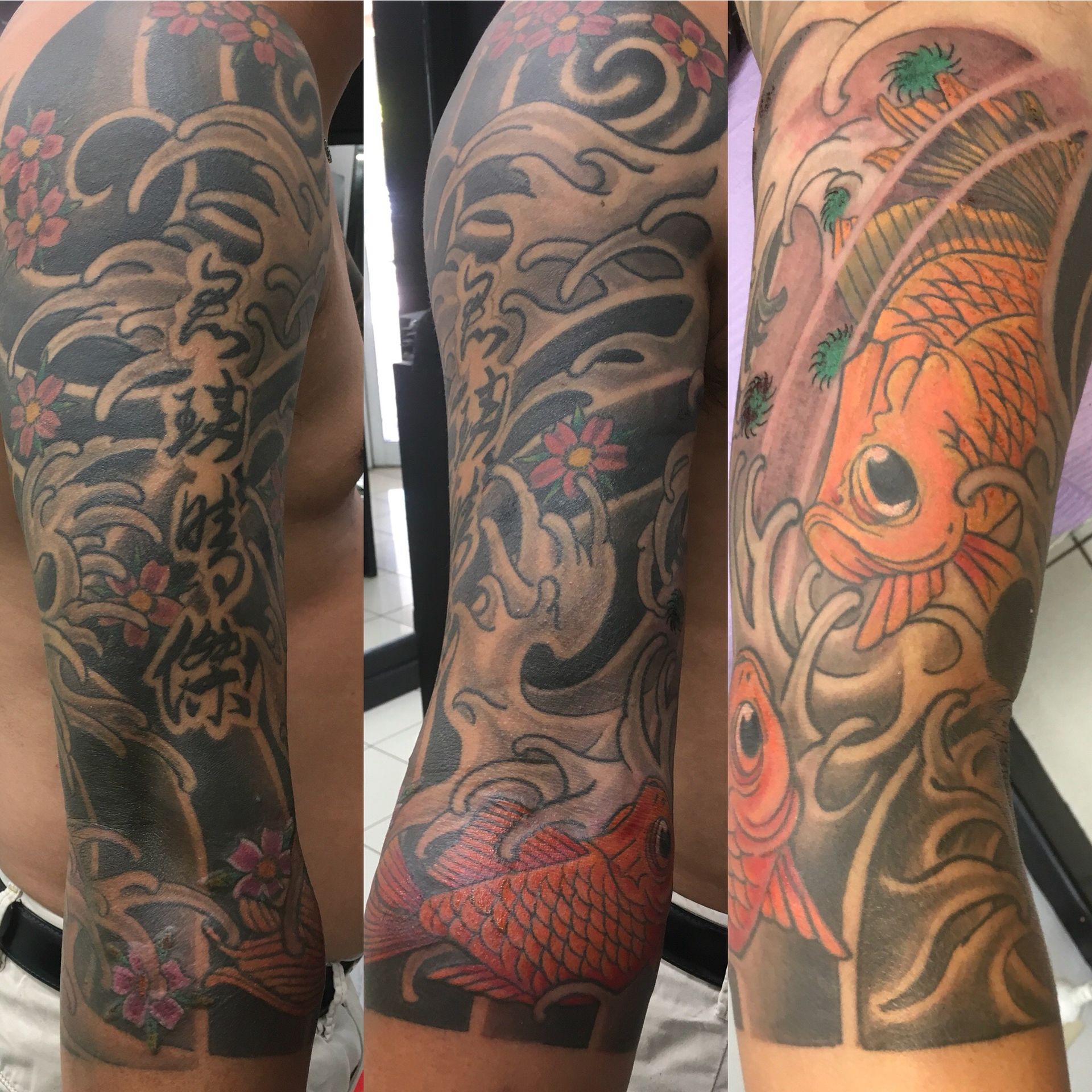 A Man Has a Tattoo of a Fish and Flowers on His Arm — La Bomba Loca Tattoo in Cairns City, QLD
