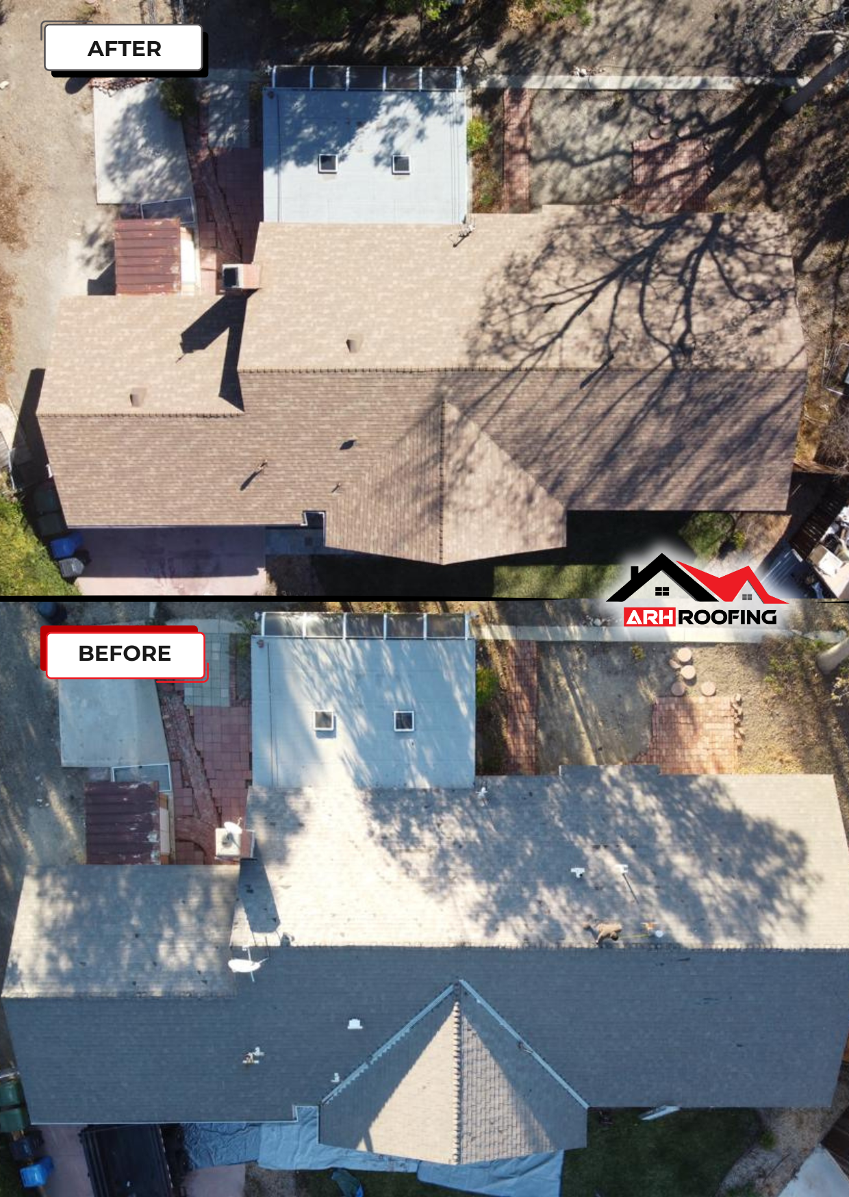 Overhead view comparing a house roof before (white) and after (brown) a roofing project.