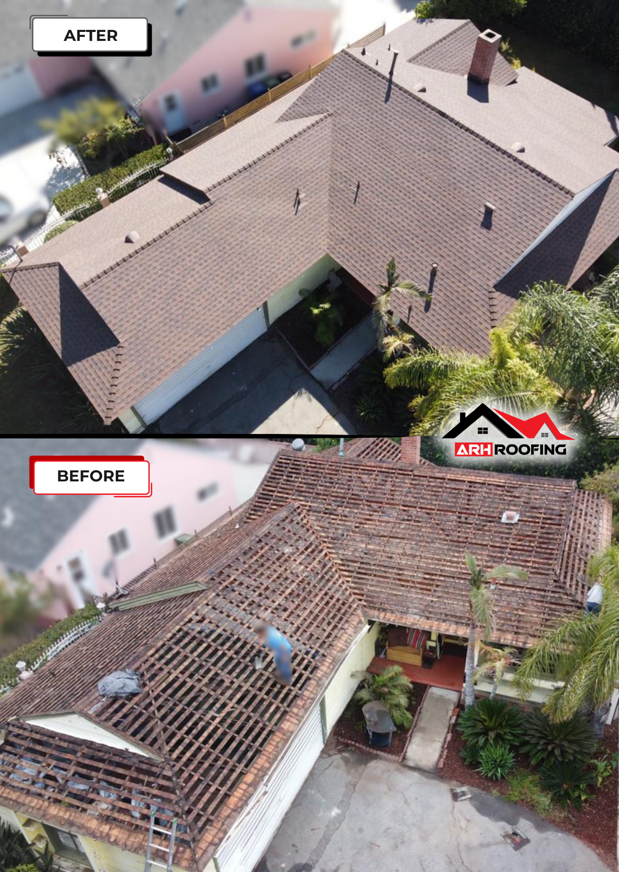 Comparison of a before and after roof replacement. The old, damaged roof is being replaced with new brown tiles.