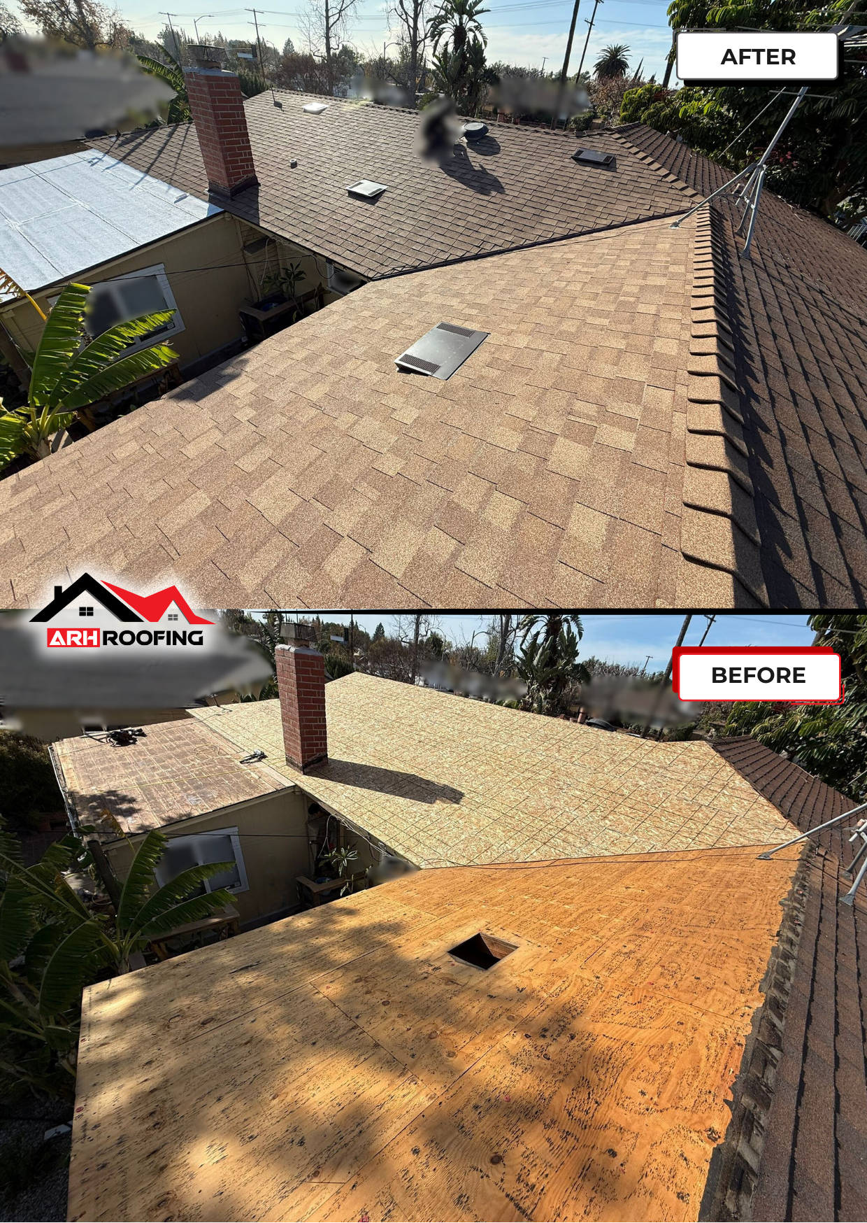 Before-and-after comparison of a house roof. New brown shingles replacing old orange shingles, with a brick chimney.
