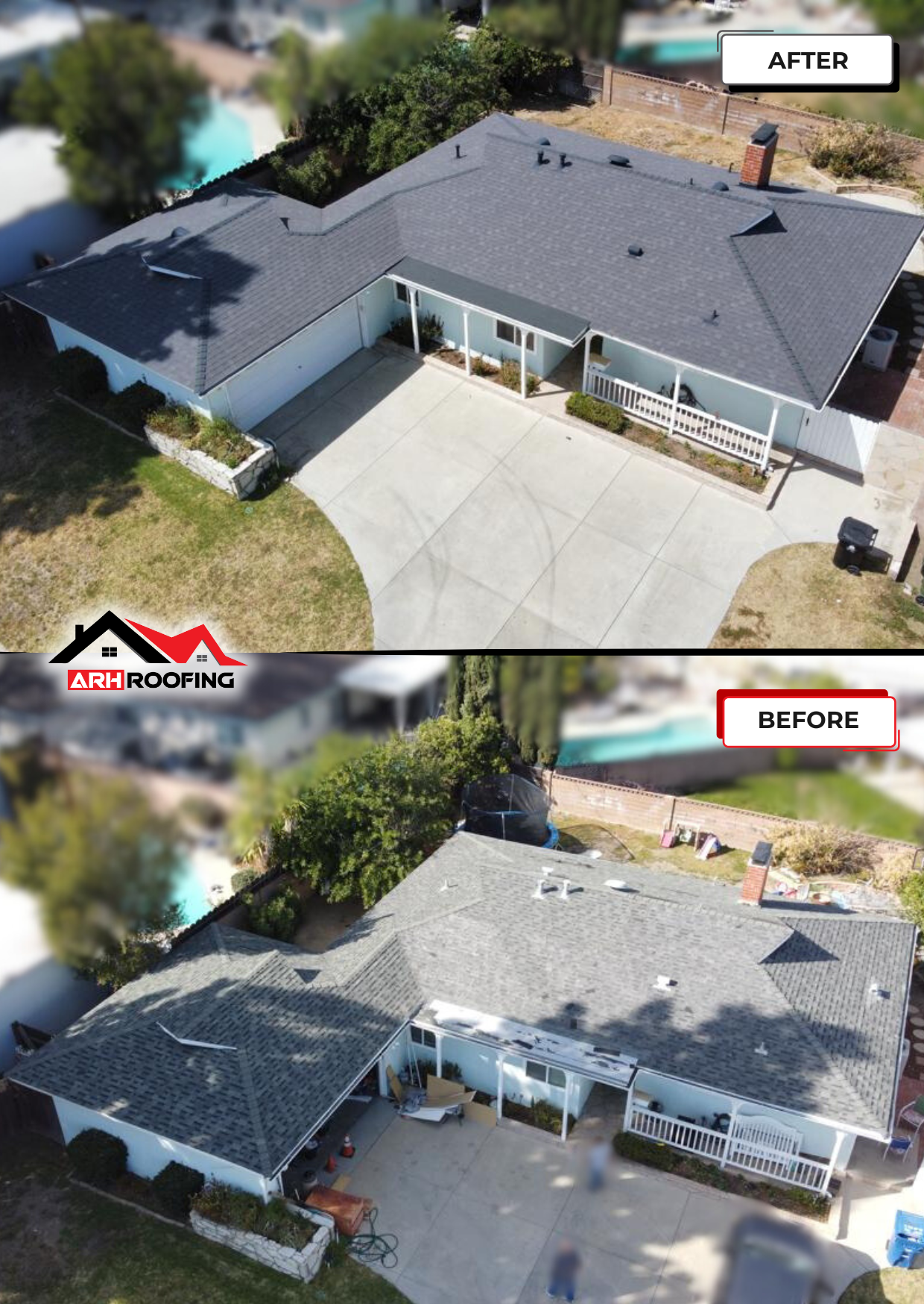 Before and after aerial view of house roof replacement.