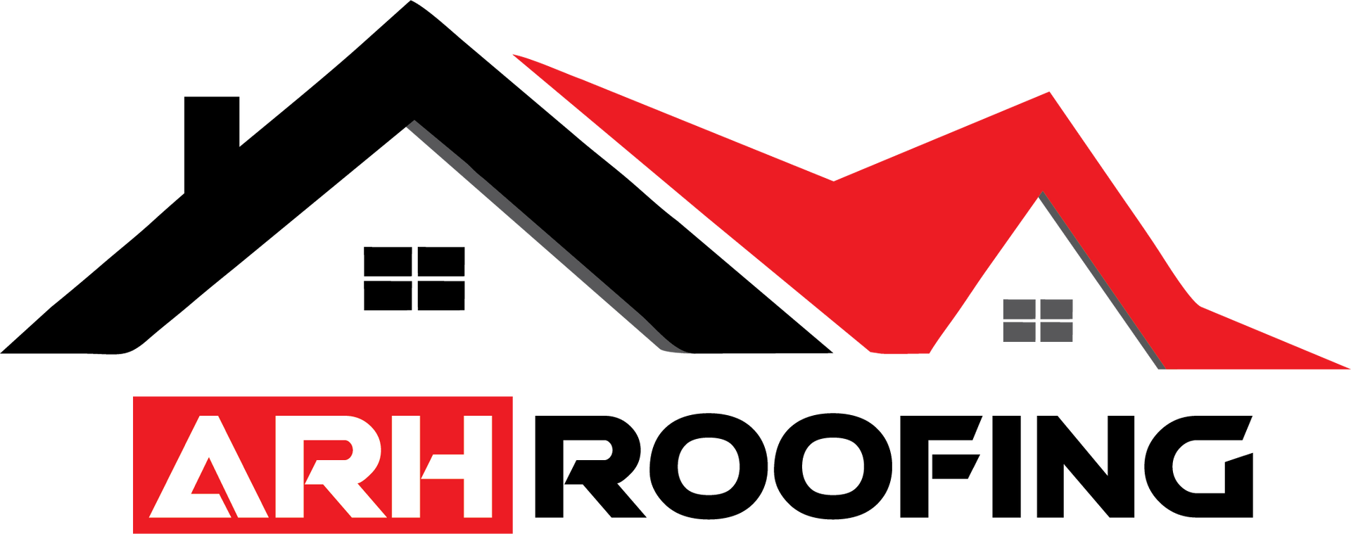 Logo for ARH Roofing: black and red roof outlines, white house details, text "ARH ROOFING".