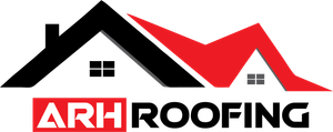 Logo for ARH Roofing: black and red roof outlines, white house details, text "ARH ROOFING".