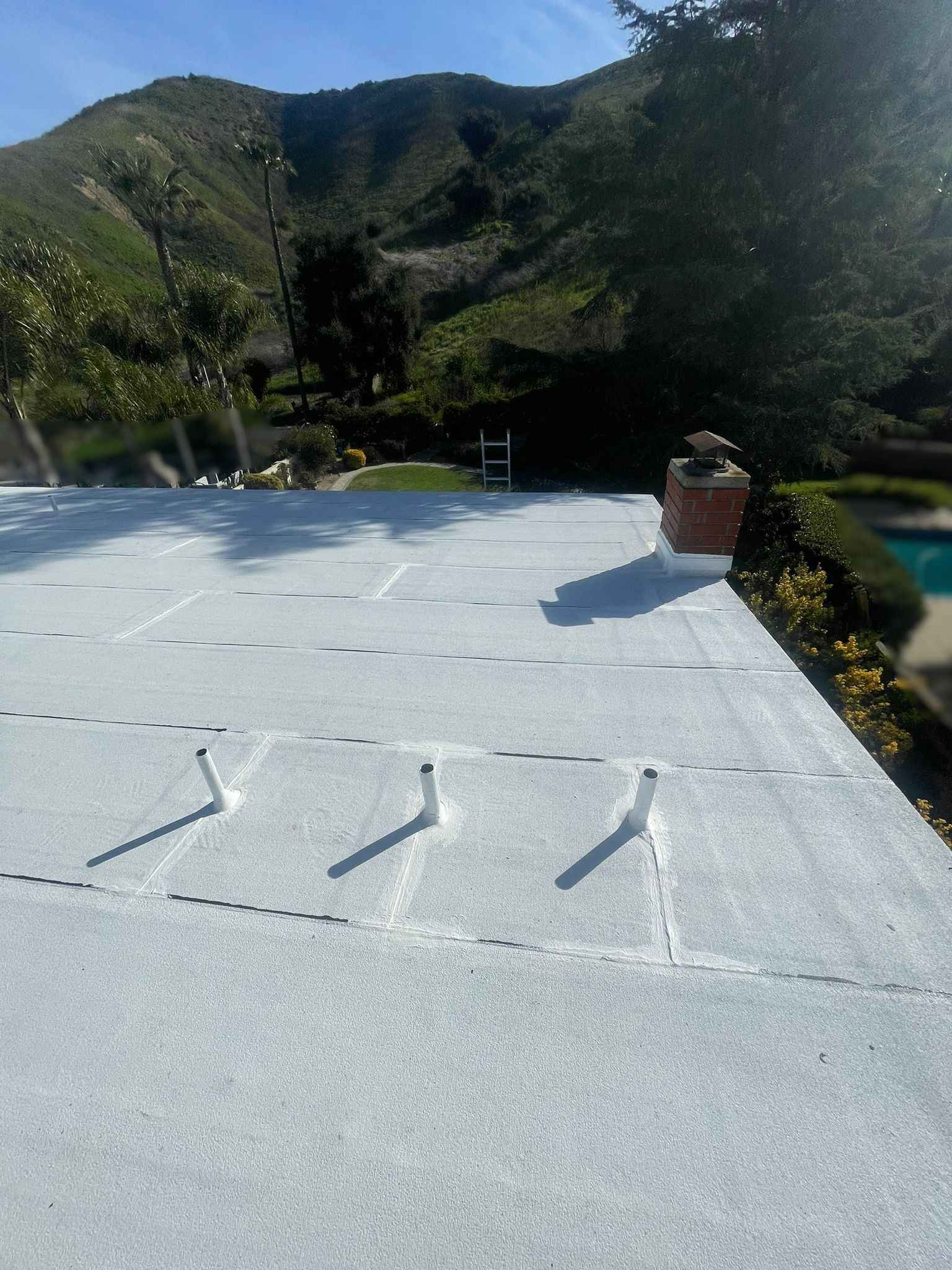 White flat roof with vents, chimney, and a mountain background.