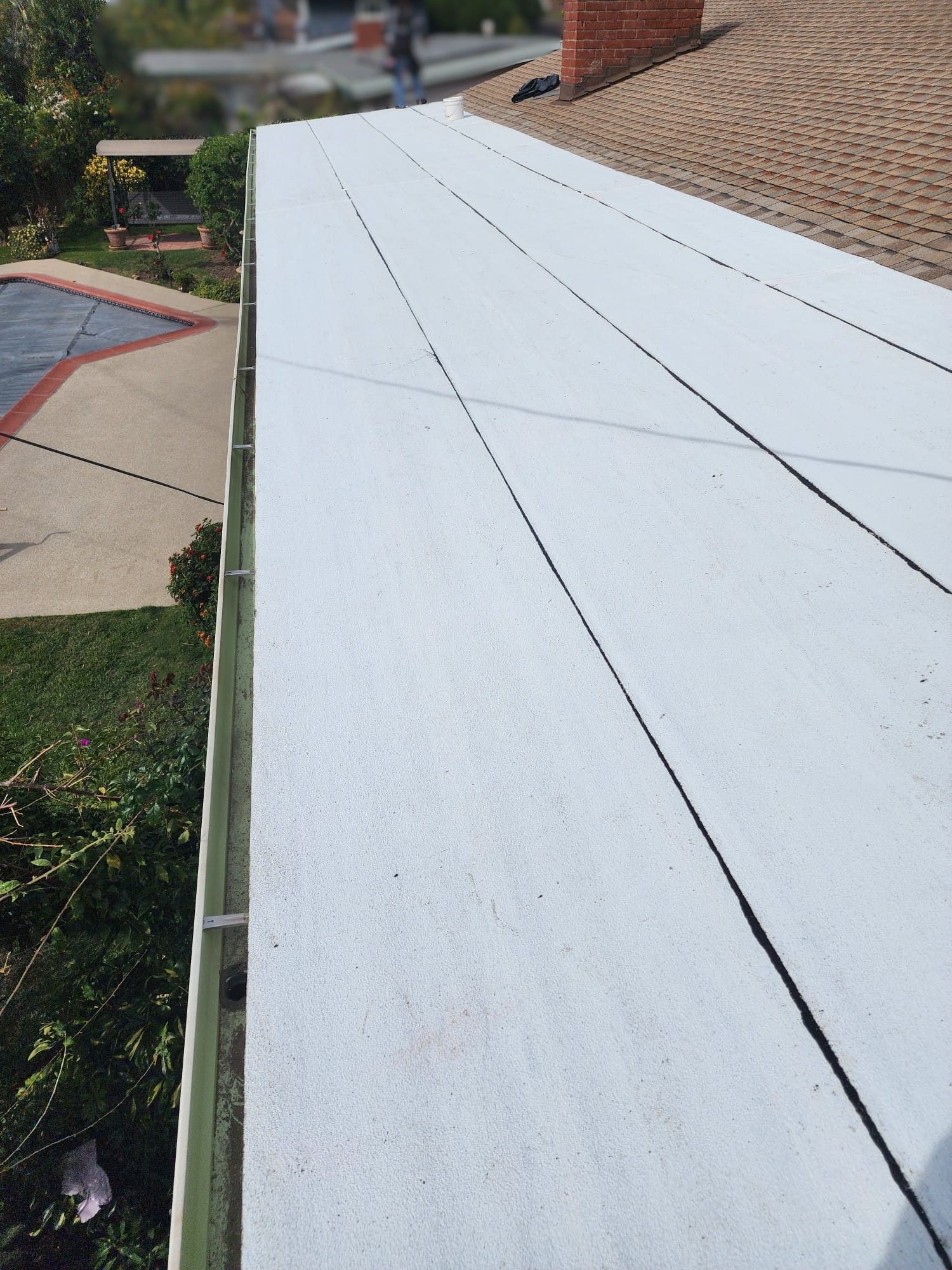 White flat roof with black seams, adjacent to a gutter and grassy area.