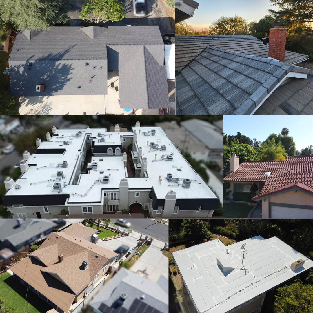 Composite of aerial views showcasing different types of residential and commercial roofing materials and styles.