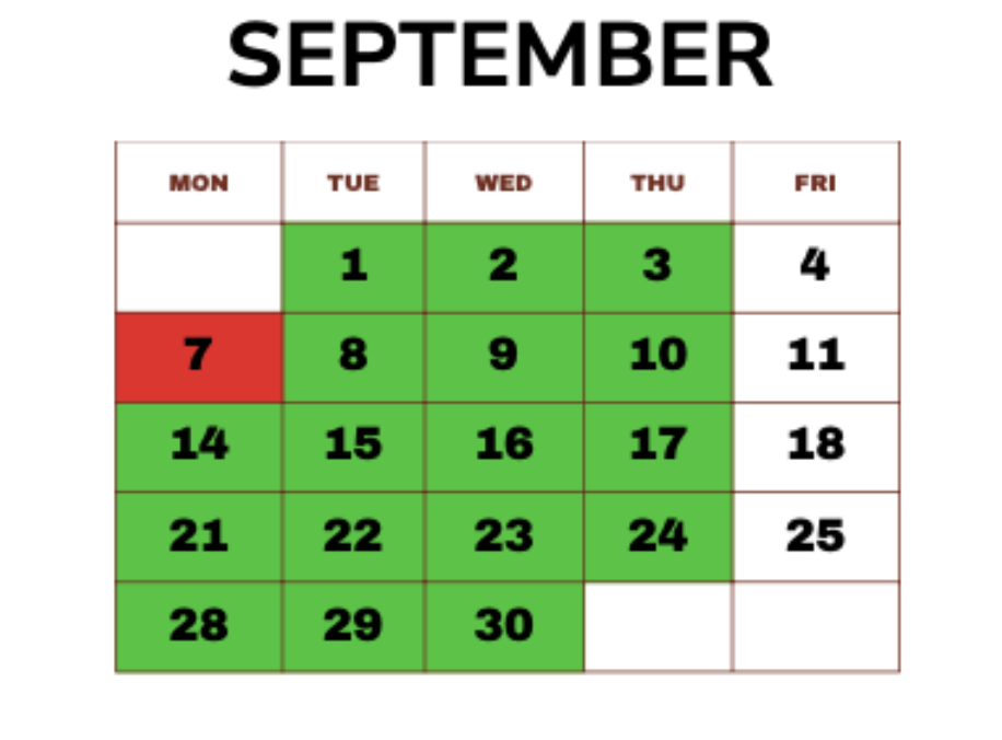 September calendar with green and red highlighting