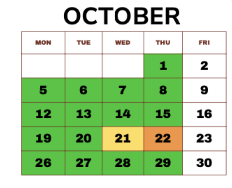 October calendar. Green indicates school is open, yellow indicates special event, orange indicates half day.