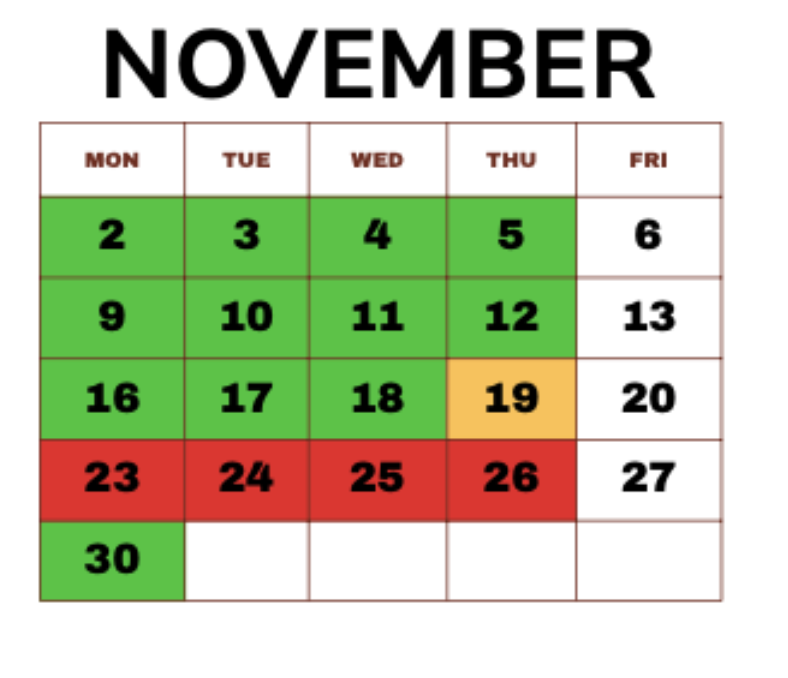 November calendar grid, with some dates highlighted in green and red.