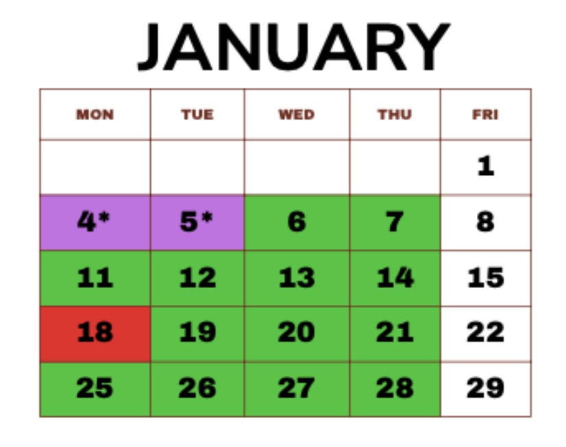 January calendar with numbered dates. Dates are colored green, red, or purple. Asterisks indicate notes.