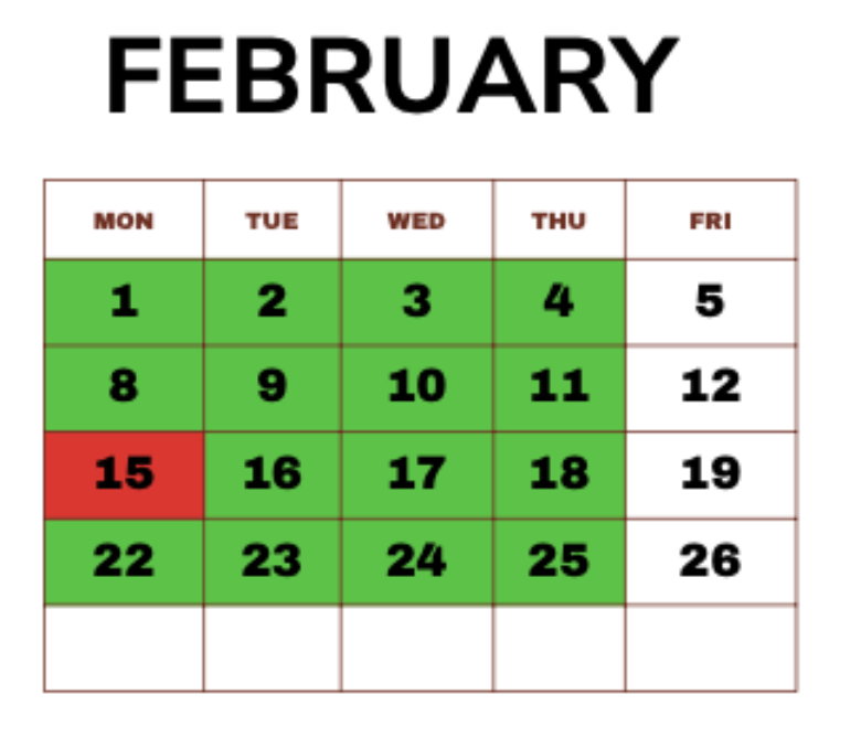 February calendar with weekdays Mon–Fri; most dates green, Feb 15 highlighted red.