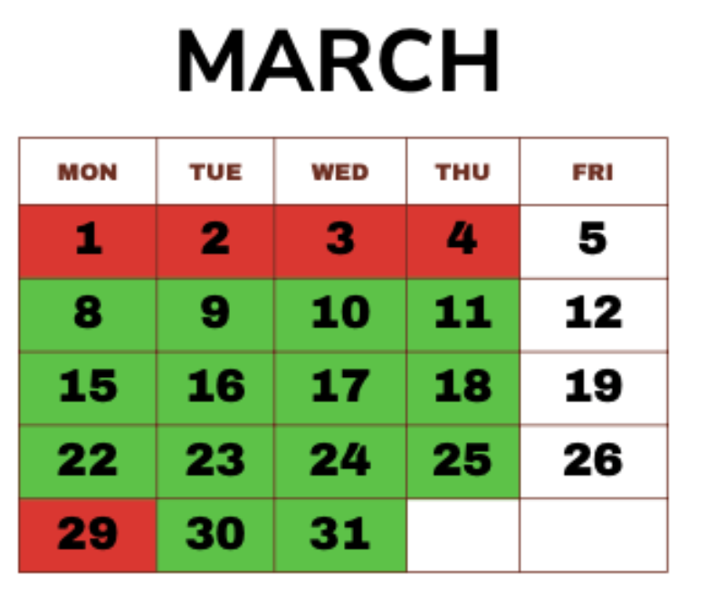 March calendar with red and green highlighted weekdays and numbered dates 1–31.