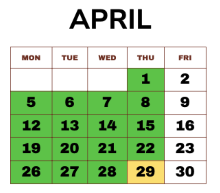 April calendar with weekdays, green highlighted dates, and the 29th highlighted in yellow.