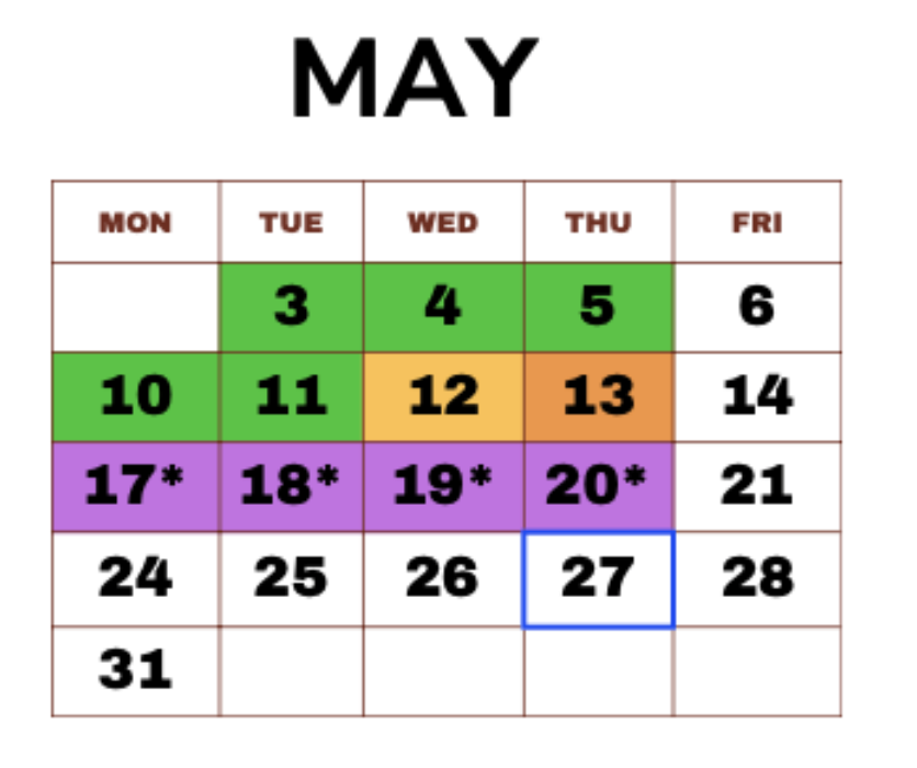 May calendar with colored date blocks highlighting days 3–20 and blue outline around 27.