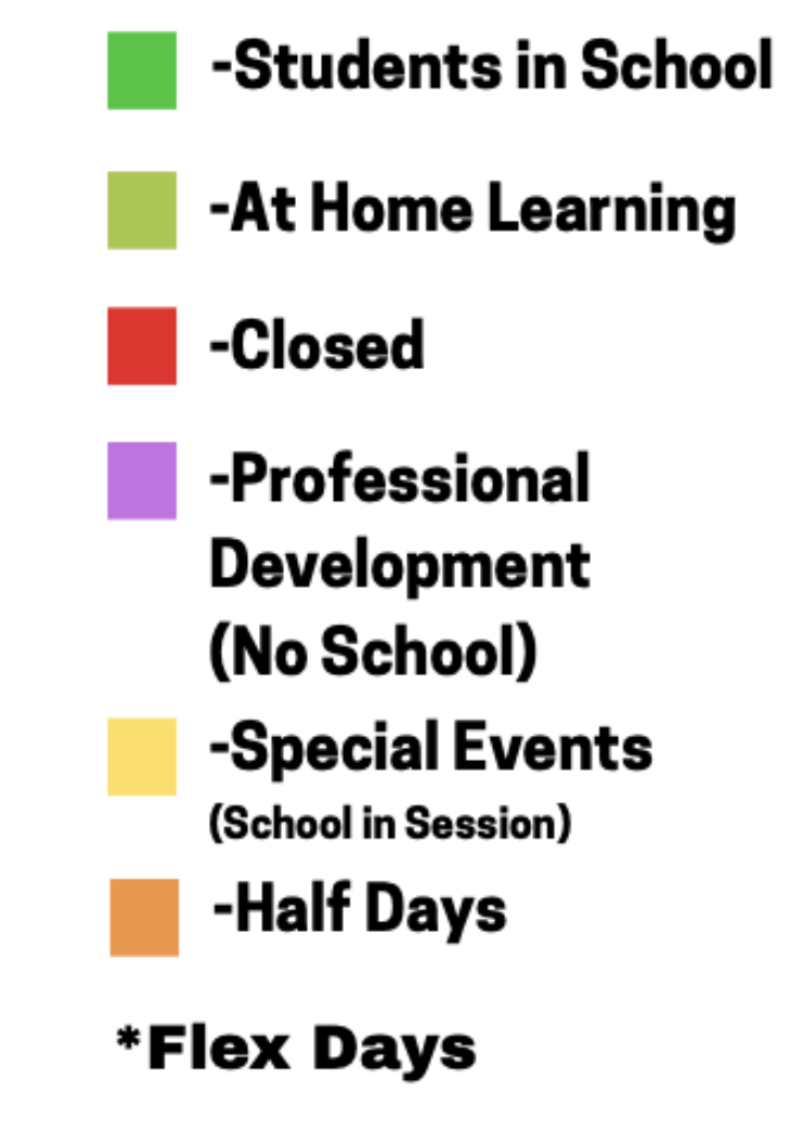 Legend: School status color codes; green=in school, yellow=at home learning, red=closed, purple=professional development.
yellow=special events
orange=half days