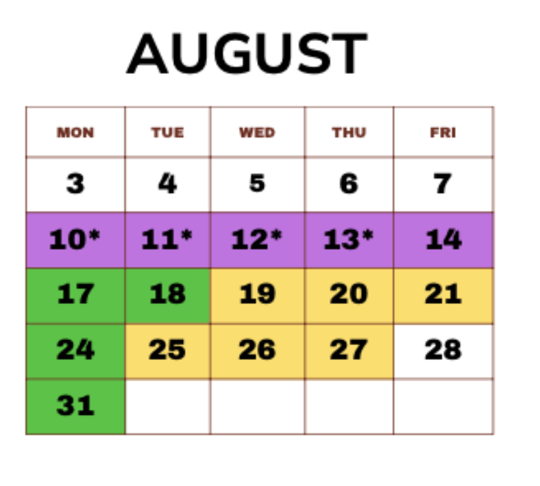 August calendar with highlighted dates.