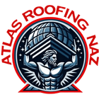 Atlas Roofing Naz logo with a muscular Atlas figure beneath a roof and globe in red, white, and blue