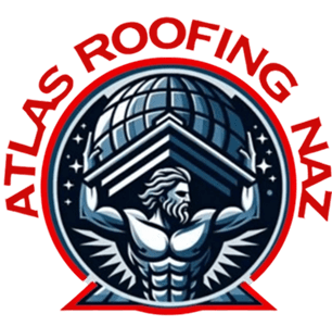 Atlas Roofing Naz logo with a muscular Atlas figure beneath a roof and globe in red, white, and blue