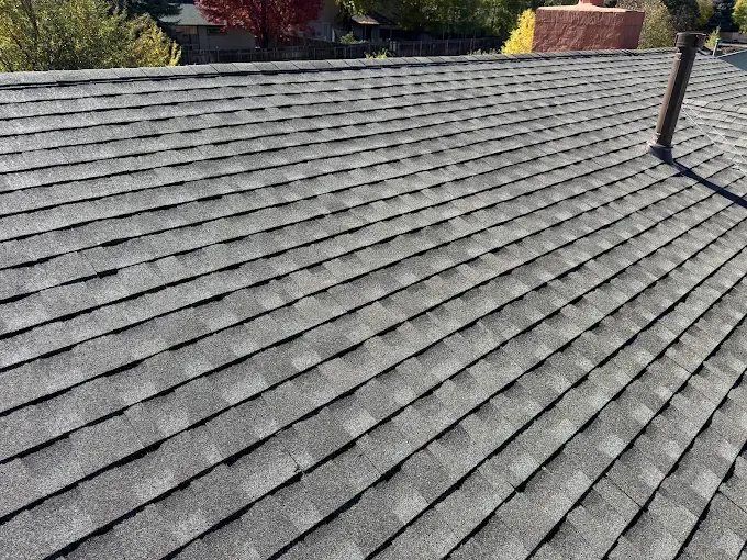 Gray shingled rooftop with a chimney and trees in the background