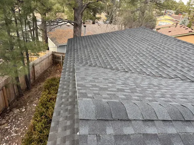 Gray shingle roof with a roof valley beside tall trees and a wooden fence