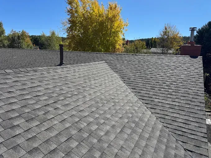 Gray shingled roof with a central ridge, chimney vents, and autumn trees in the background