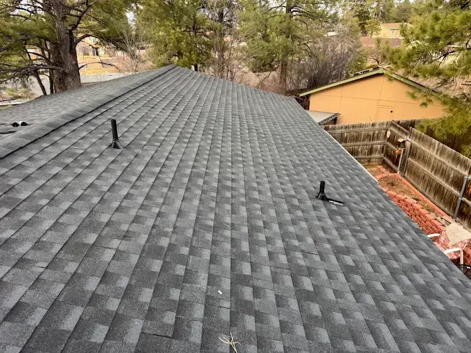 Gray shingled roof viewed from above, with trees and a wooden fence in the background.
