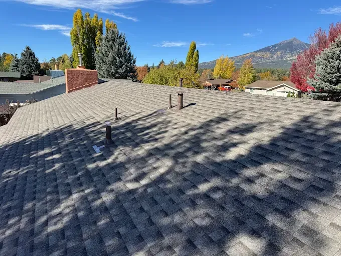 Shingled rooftop with skylights, chimneys, and autumn trees and mountains in the background.