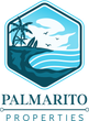 Logo for Palmarito Properties: ocean scene with palm trees, surfboards, and waves.