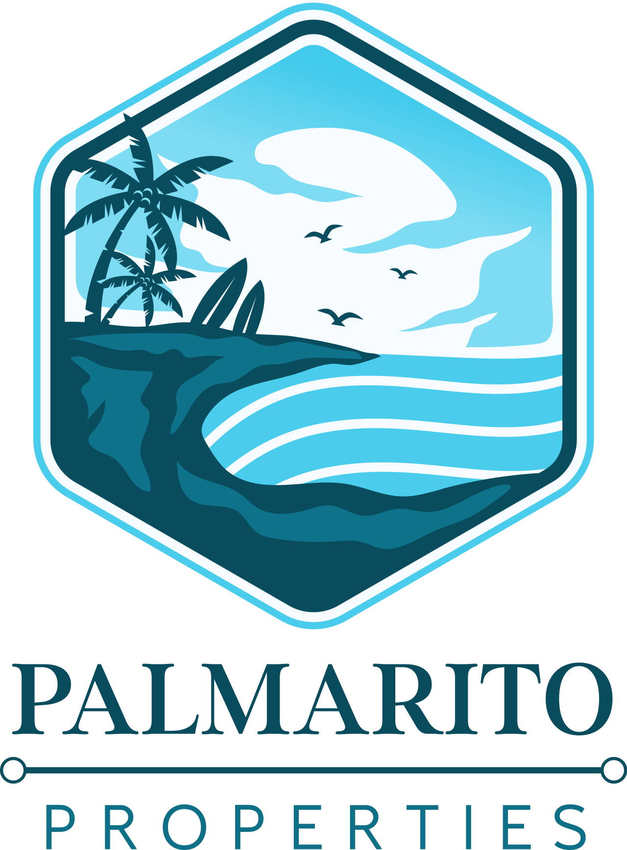 Logo for Palmarito Properties: ocean scene with palm trees, surfboards, and waves.