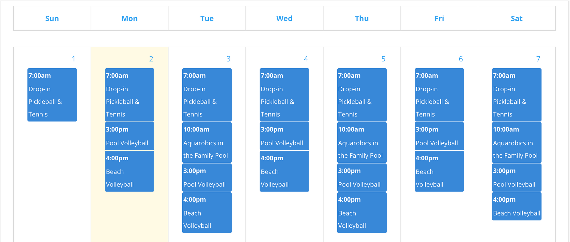 Weekly calendar view with blue event blocks across multiple days and columns