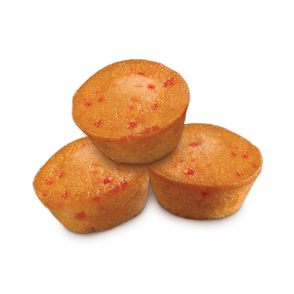 Three cupcakes are stacked on top of each other on a white background