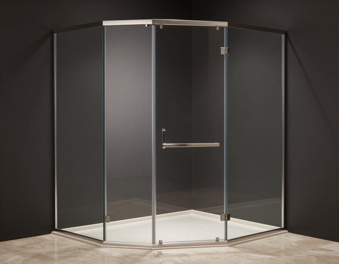 Mampara de ducha de estilo neoangular con paredes de cristal y marco de metal plateado, situada en una esquina contra paredes de color gris oscuro.