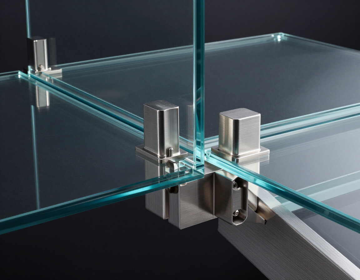 Primer plano de un conector estructural metálico que une cuatro paneles de vidrio en una intersección en ángulo recto.