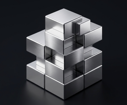 Una forma minimalista y abstracta compuesta por planos geométricos superpuestos de color claro sobre un fondo negro sólido.