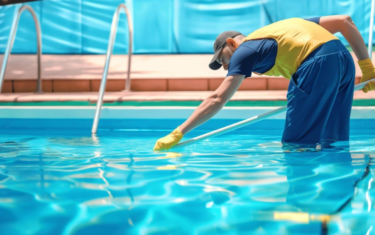 Pool worker in blue and yellow cleaning the edge of a swimming pool with a brush