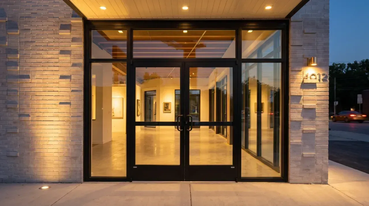 Modern building entrance with glass double doors, warm interior lighting, and stone exterior at dusk