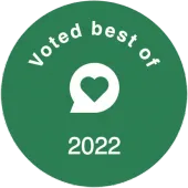Green circular “Voted best of” badge with heart icon and “2022” text