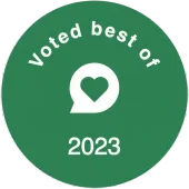 Green circular “Voted best of” badge with a heart icon and “2023” in white.