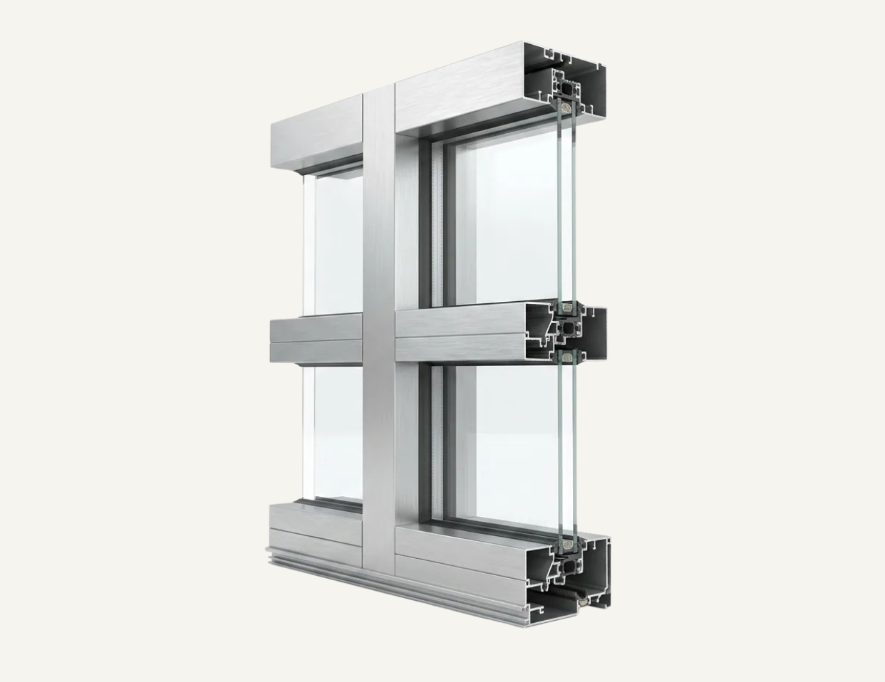 3D rendering of a gray aluminum window frame cross-section with glass panes