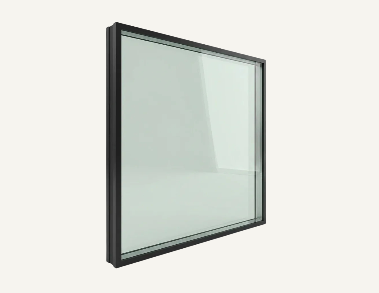 Sleek black-framed glass window or panel with a light gray reflective surface