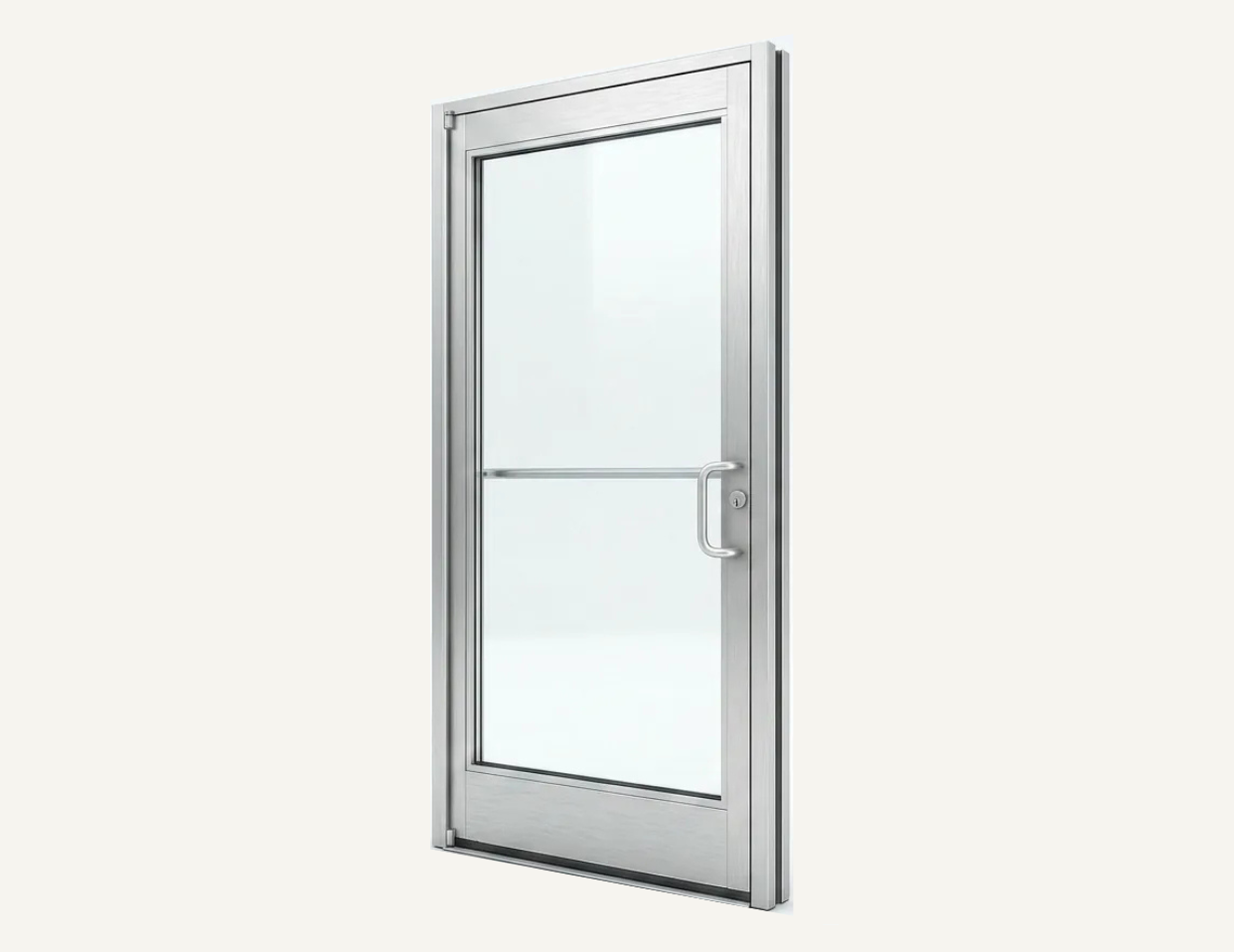 White-framed glass door with handle and lower vent panel, shown open on a light background
