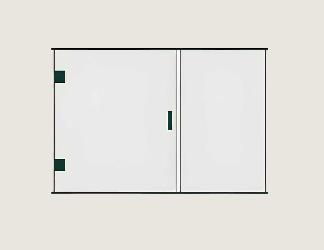 Minimalist white sliding cabinet with a central handle and dark green accents on the left side.