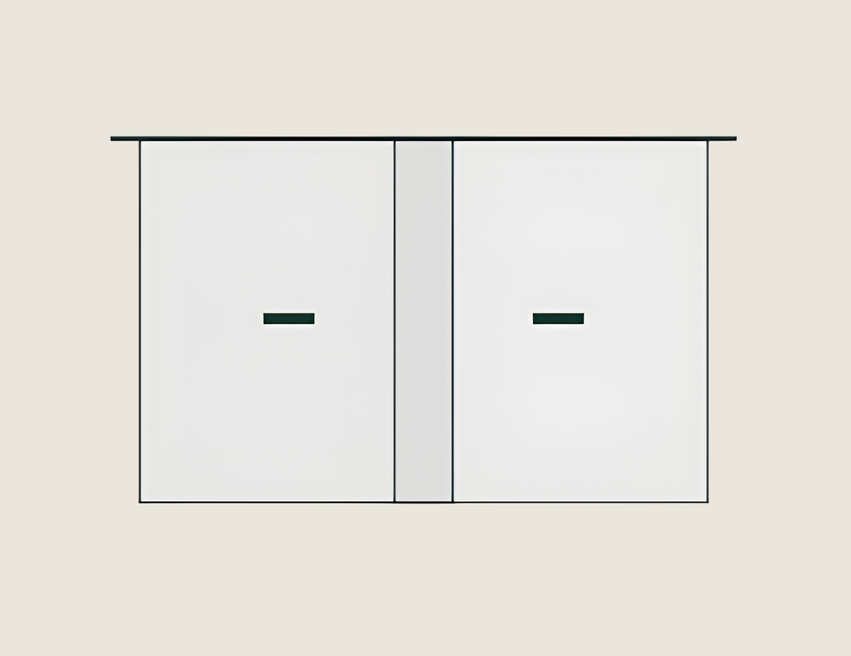 Two white cabinet doors with small dark handles and a narrow center panel