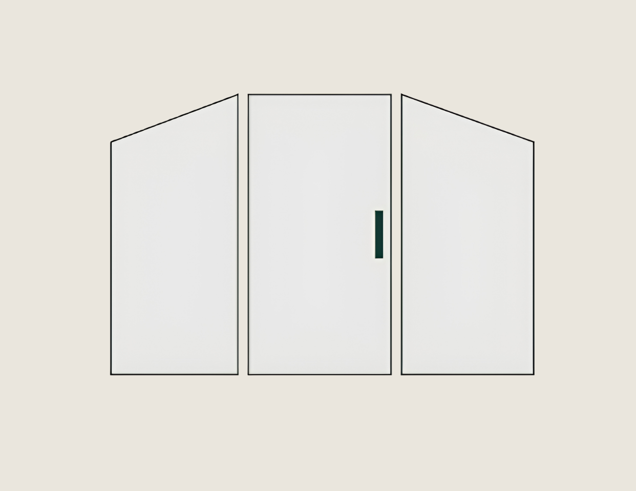 Three-panel white folding door with a green handle on the center panel