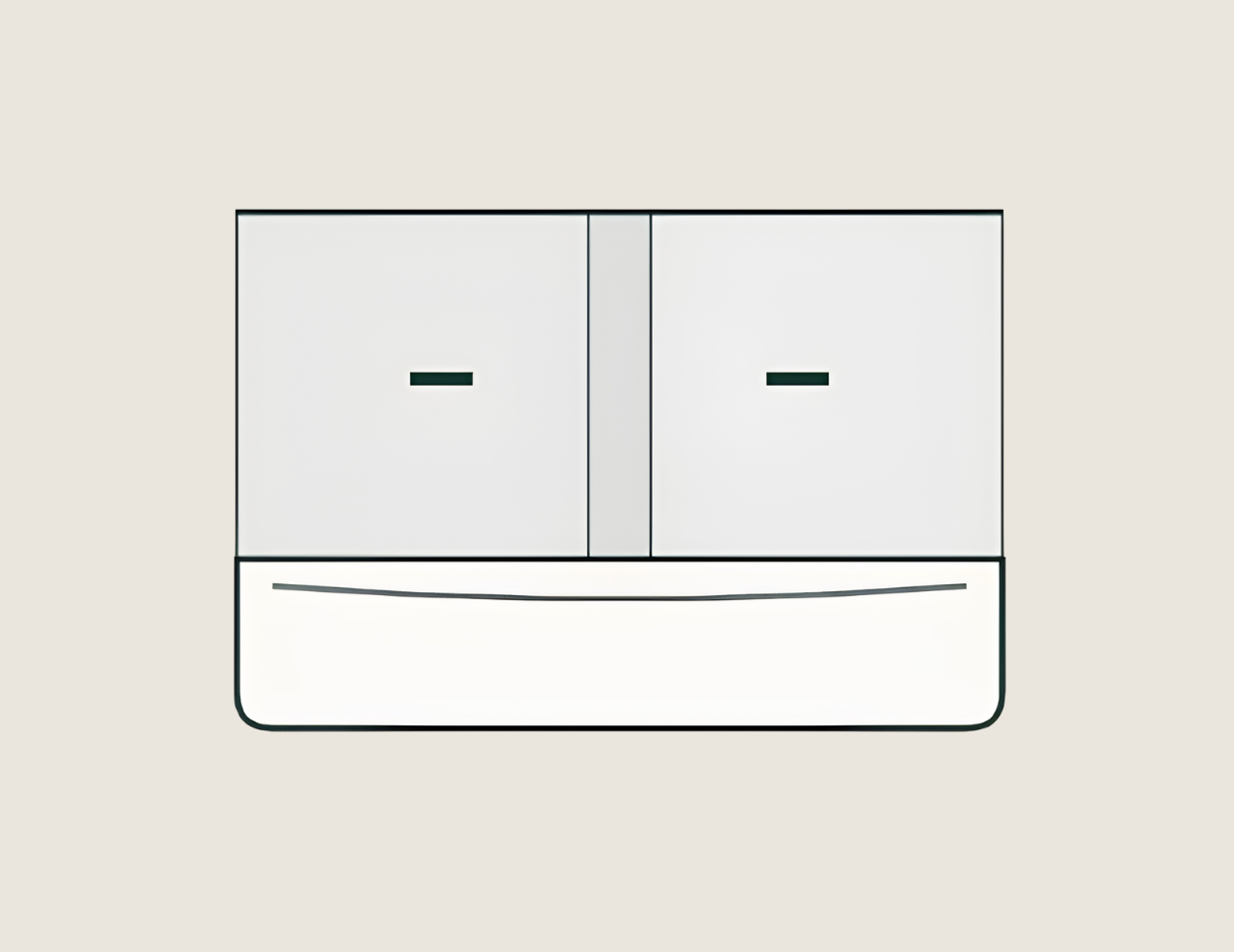 White two-door cabinet with a lower drawer and small dark handles on a light background