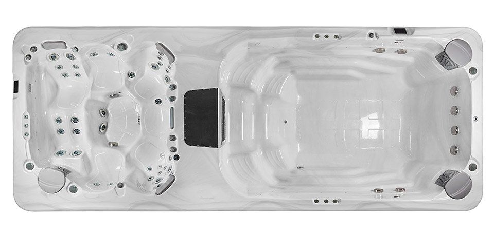 Top-down view of a rectangular swim spa with a hot tub section and a swim area. White and gray.