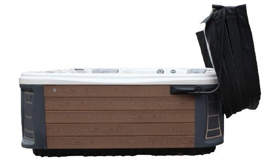 Hot tub with dark brown siding and partially open black cover.
